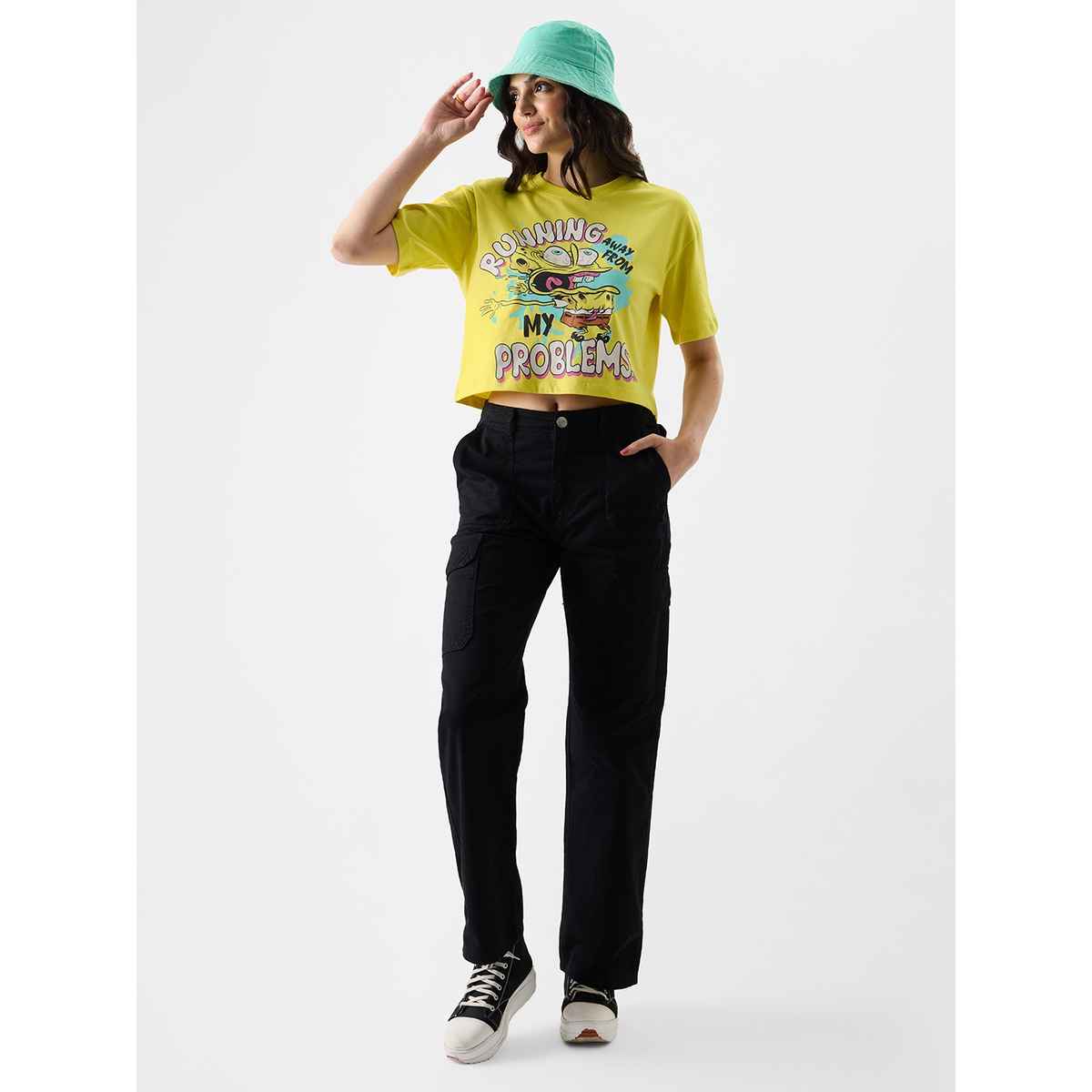 The Souled Store Women's SpongeBob Running Away Oversized Cropped T-shirt | Yellow - L