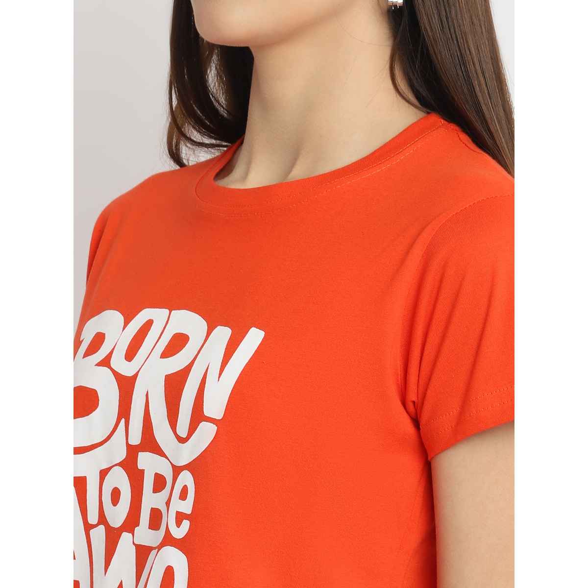 Fabflee Women Regular Cotton Printed Round Neck Tshirt | Orange | FAB-WT-44 | S