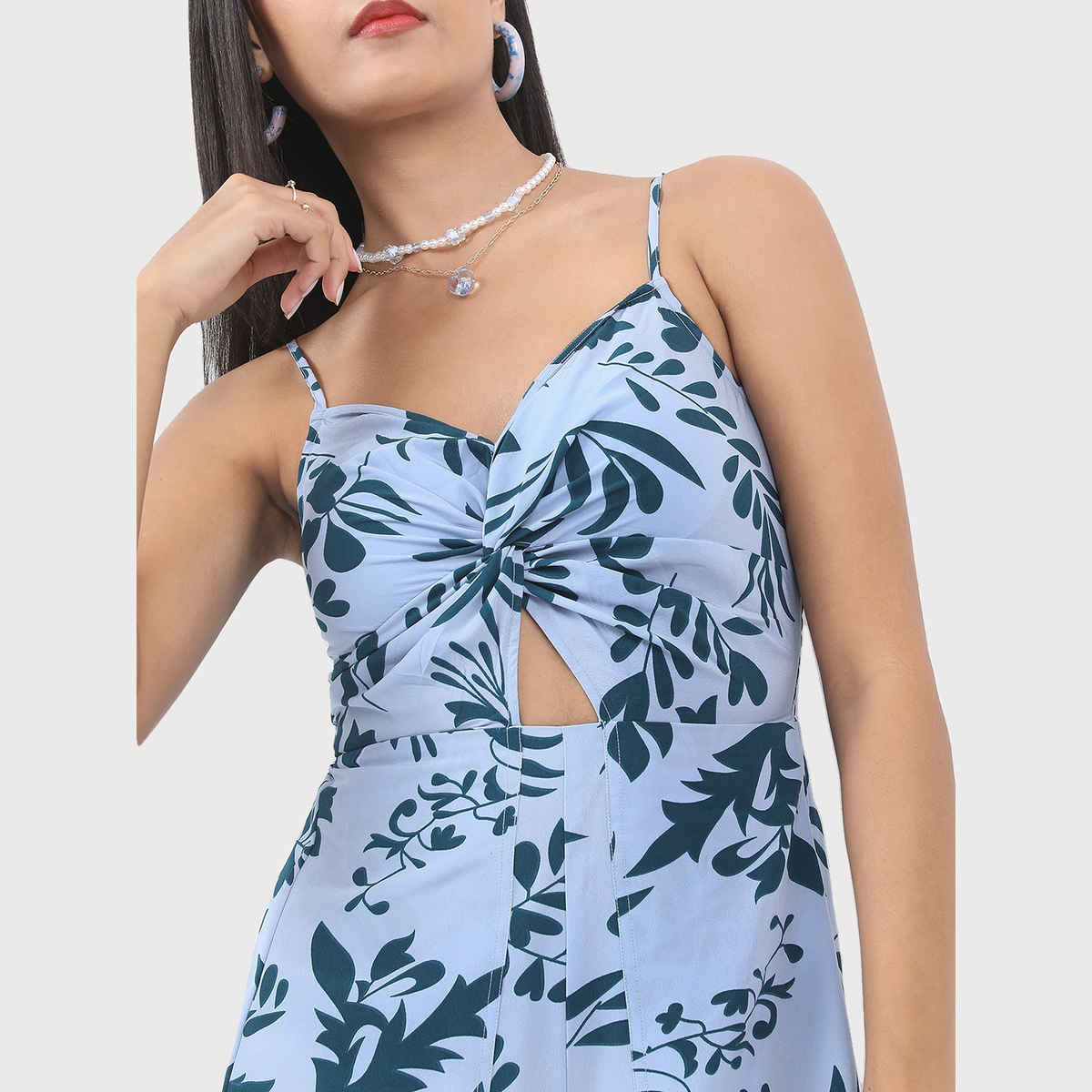 Ketch Women's Printed Shoulder Straps Gathered Cut-Out Flared Leg Jumpsuit | Blue - S