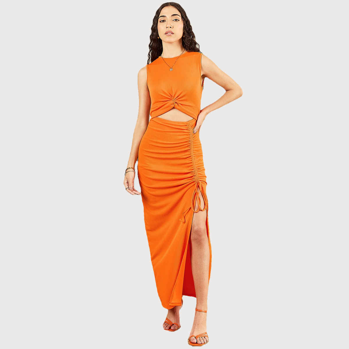 Uptownie Women's Stretchable Knotted Cutout Ruched Midi Dress | 120018713 | Orange - L