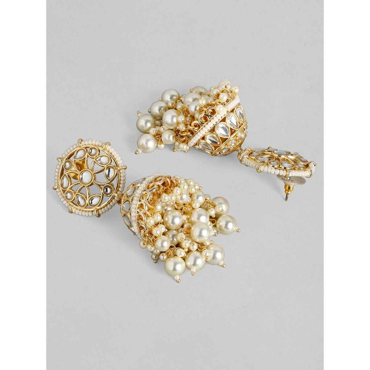 Rubans Gold-Toned Handcrafted Kundan White Pearls Jhumka Earrings