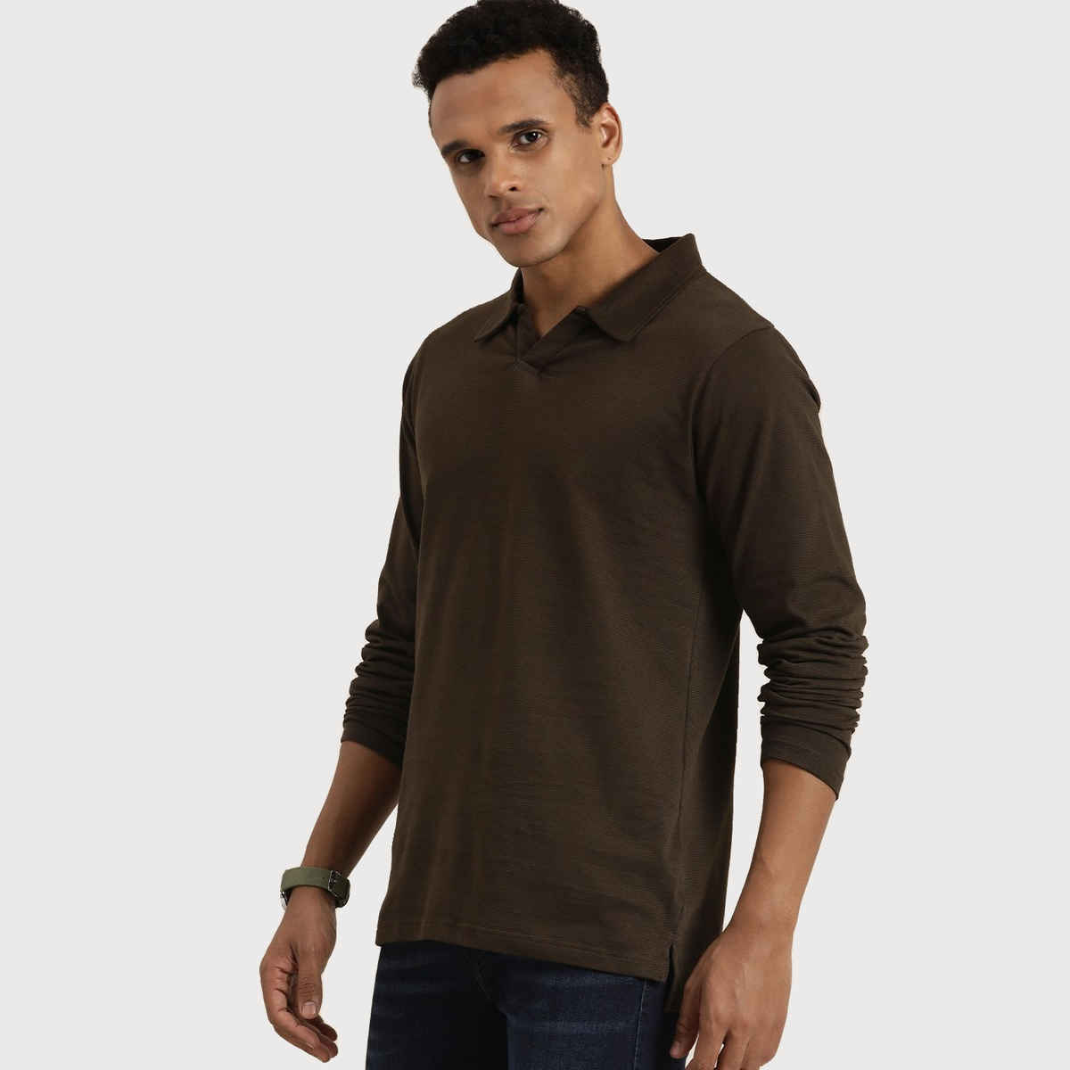 Dillinger Men's Solid Regular Fit Polo Collar Long Sleeve T-shirt | Brown - M