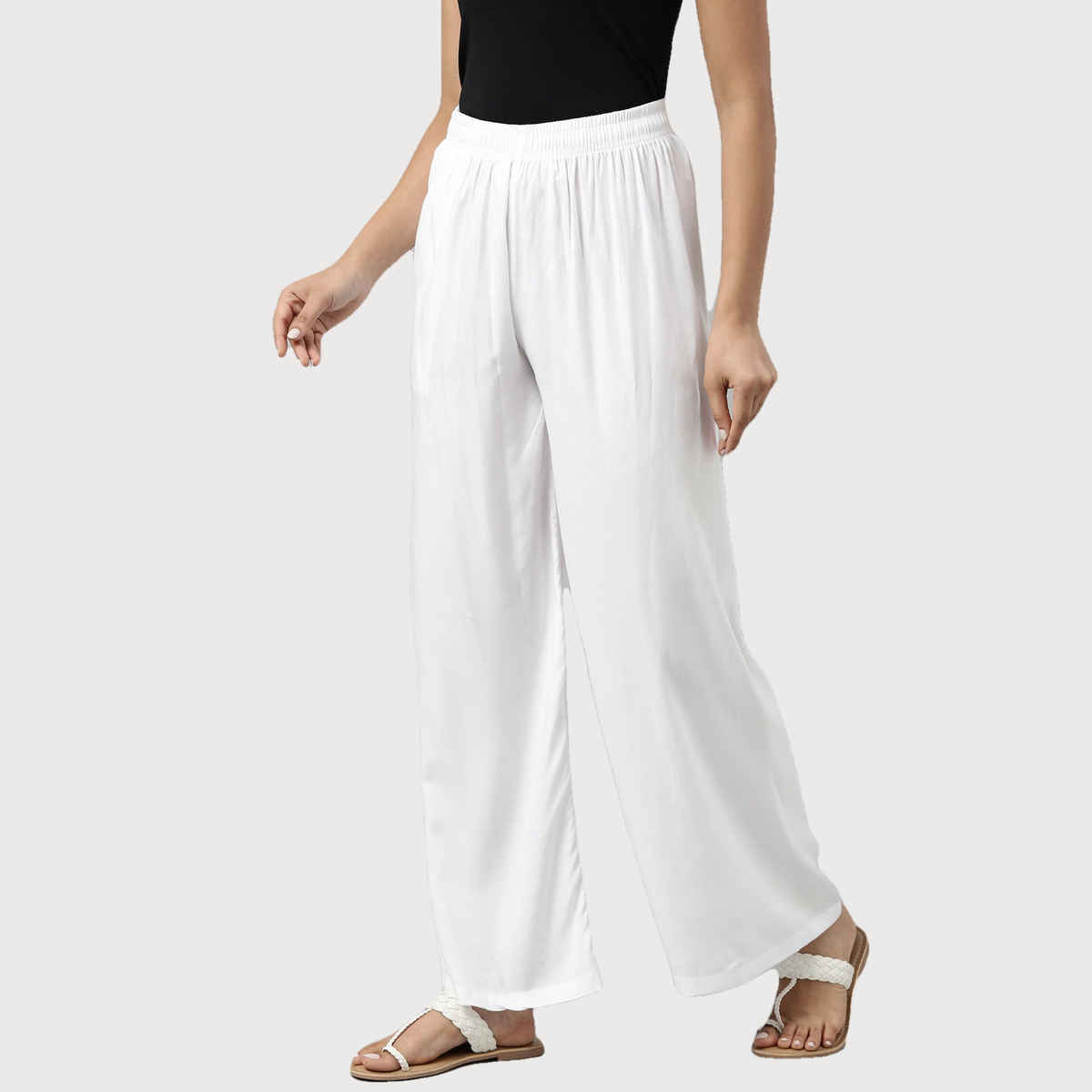 Go Colors Women's Solid Woven Viscose Mid Rise Basic Palazzos | LPZ7 | White - XL