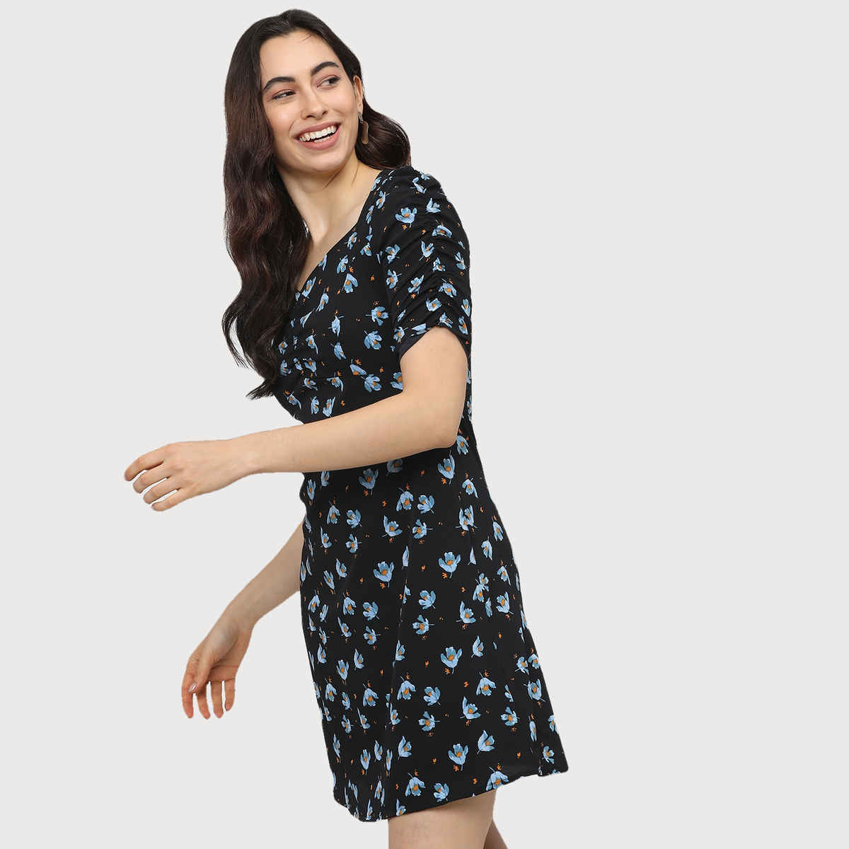 Tokyo Talkies Women's Black Floral Crepe A-Line Dress | Multicolour - S