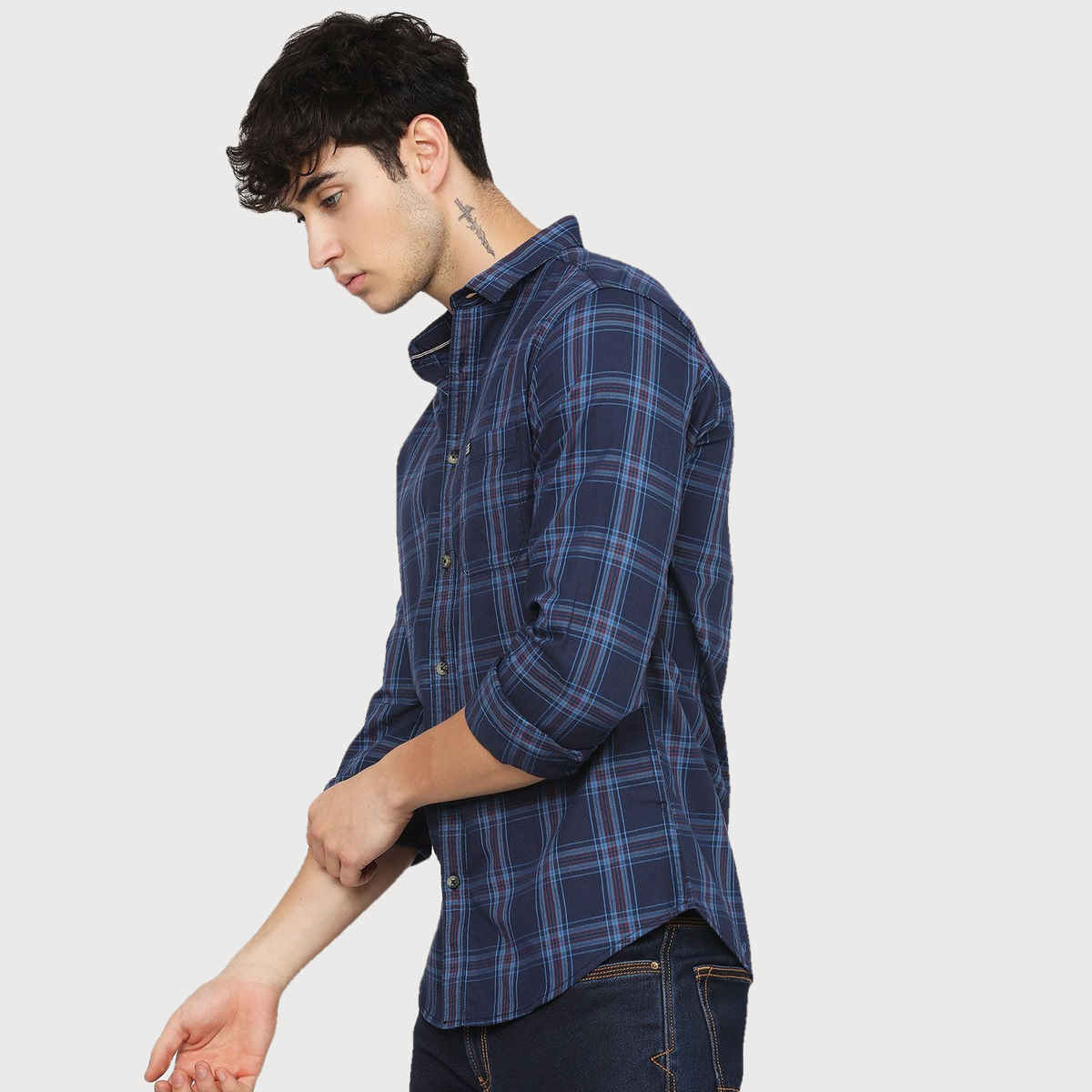 The Indian Garage Co Men's Slim Fit Checkered Casual Shirt | Navy Blue - XL