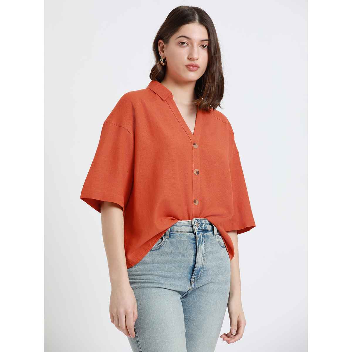 DL Women's Drop Shoulder Casual Oversized Shirt | DLWSHW23005 | Orange - L