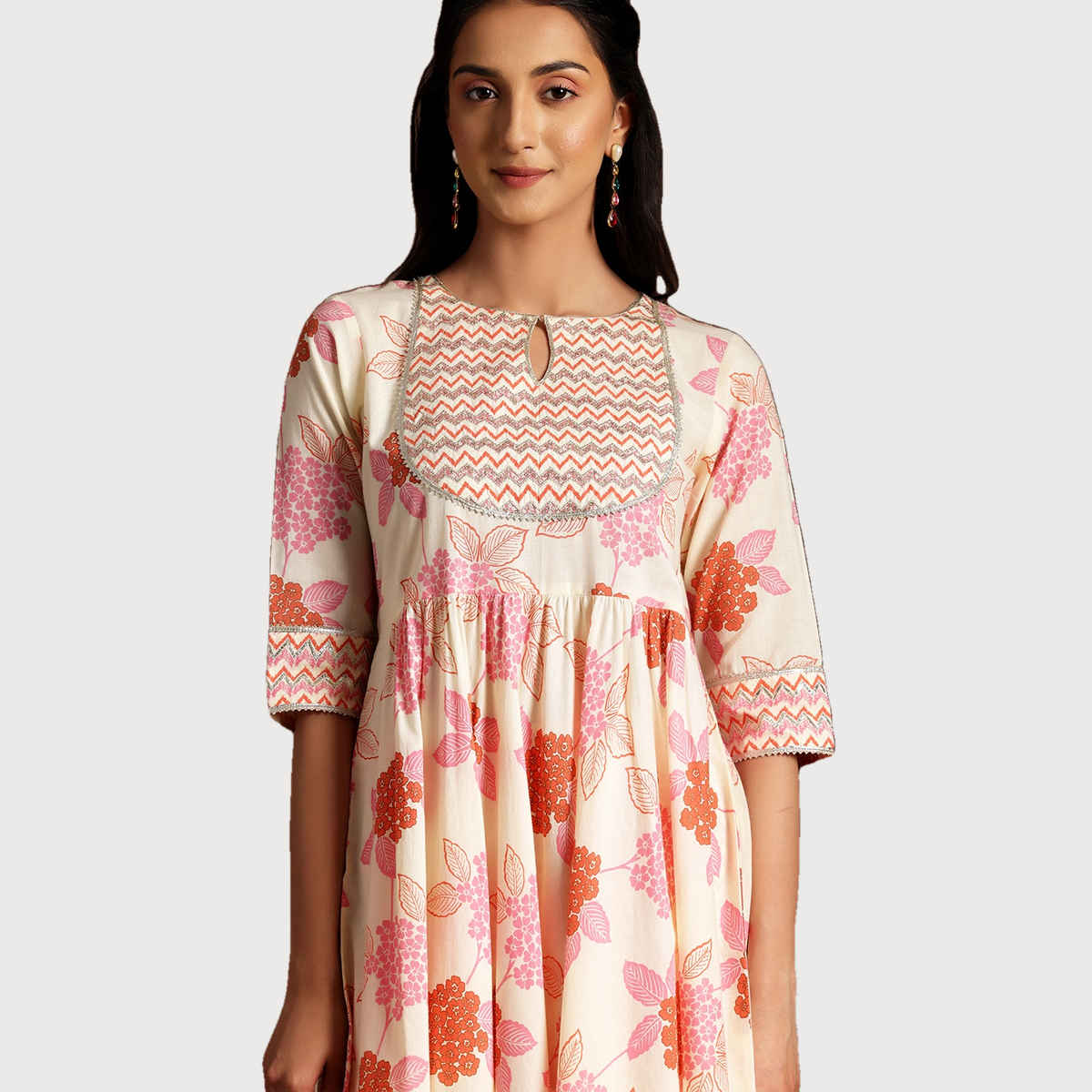 Libas Women's Orange Printed Cotton Anarkali Suit With Dupatta | XL