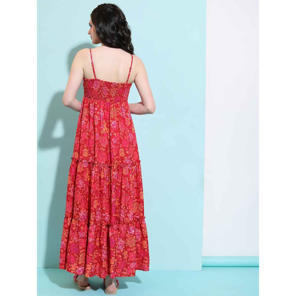 Tokyo Talkies Women's Floral Printed Fit and Flare Maxi Dress with Pleats | Red - M