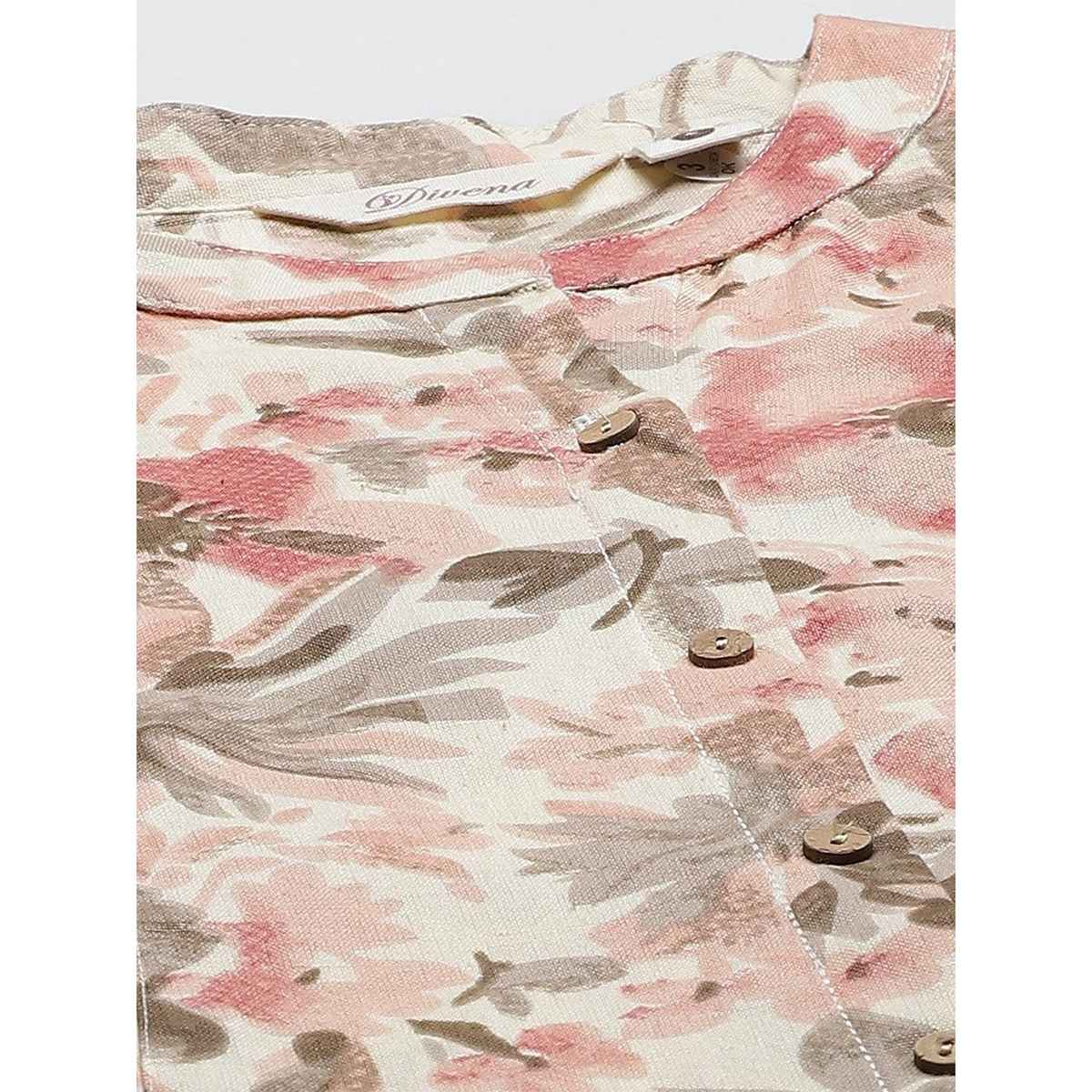 Divena Women s Cream Cotton Floral Print A-Line Kurta | DBK0336 | M