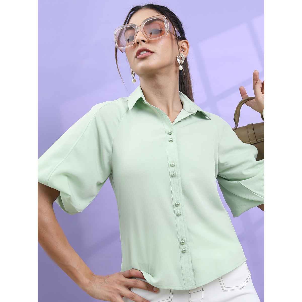 Tokyo Talkies Women's Solid Casual Top | Green - L