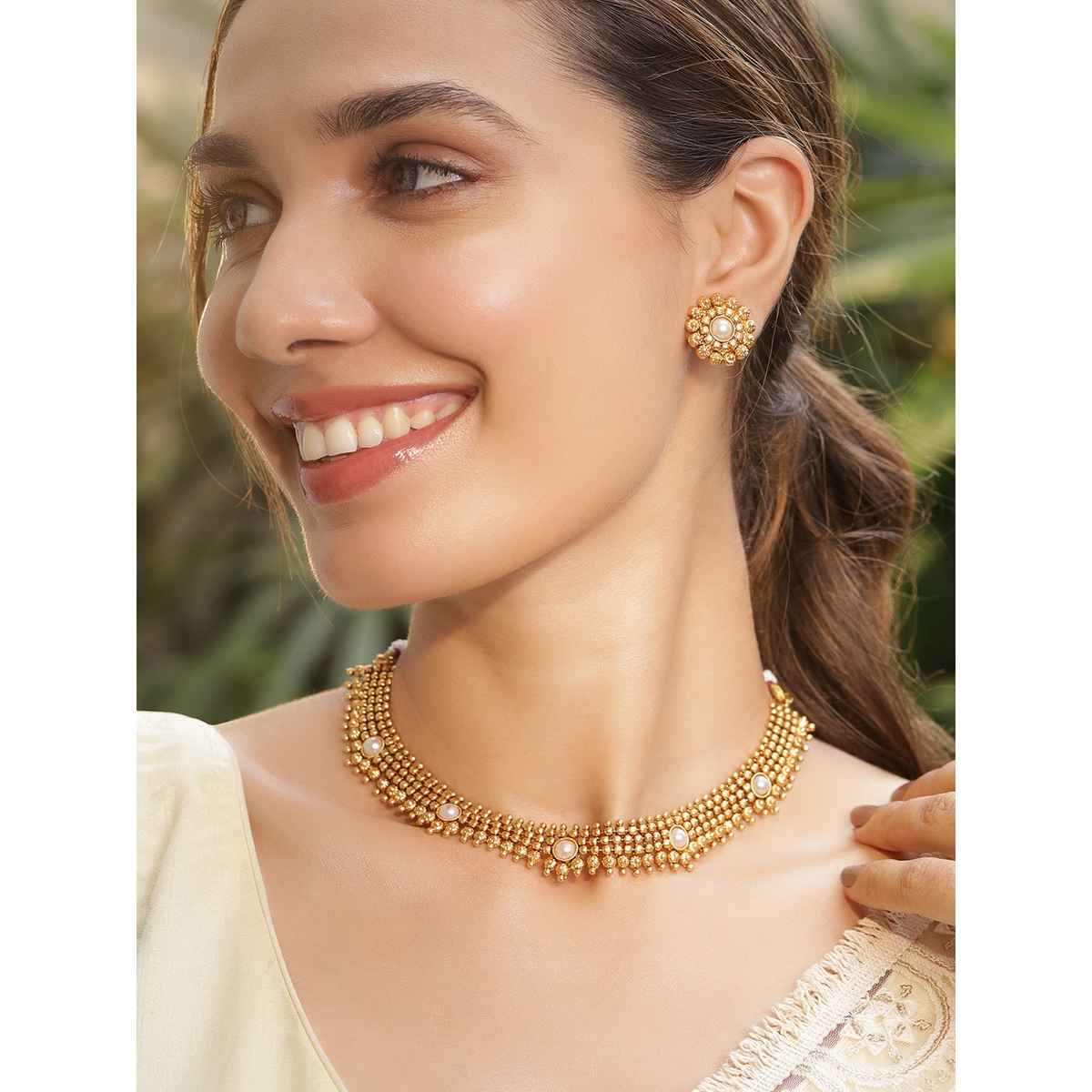 Rubans 22K Gold-Plated White Pearl Studded Traditional Choker Necklace Set with Gold Beads