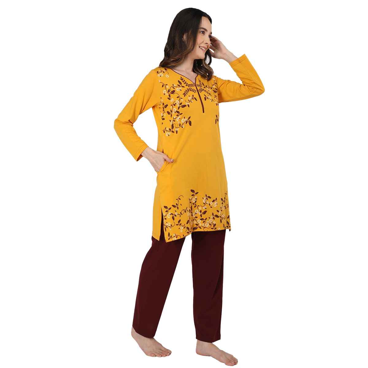 Duchess Women s Cotton Regular Fit Printed & Embroided Long Length Night Suit Set | Mustard - 3XL
