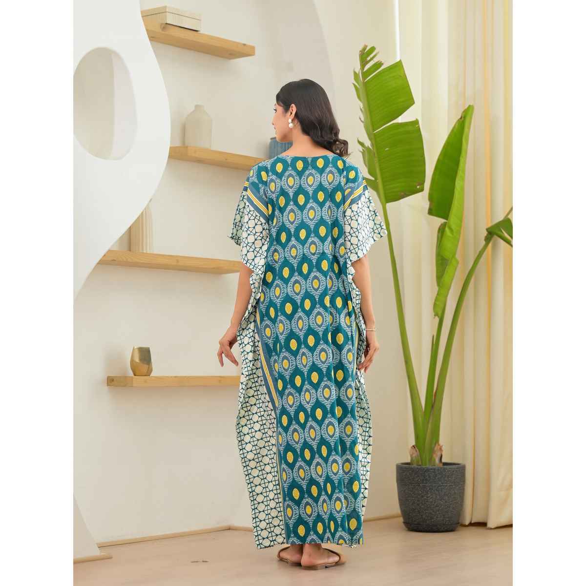 Aujjessa Teal White Printed Front Zipper Maternity Feeding Kaftan | Free Size