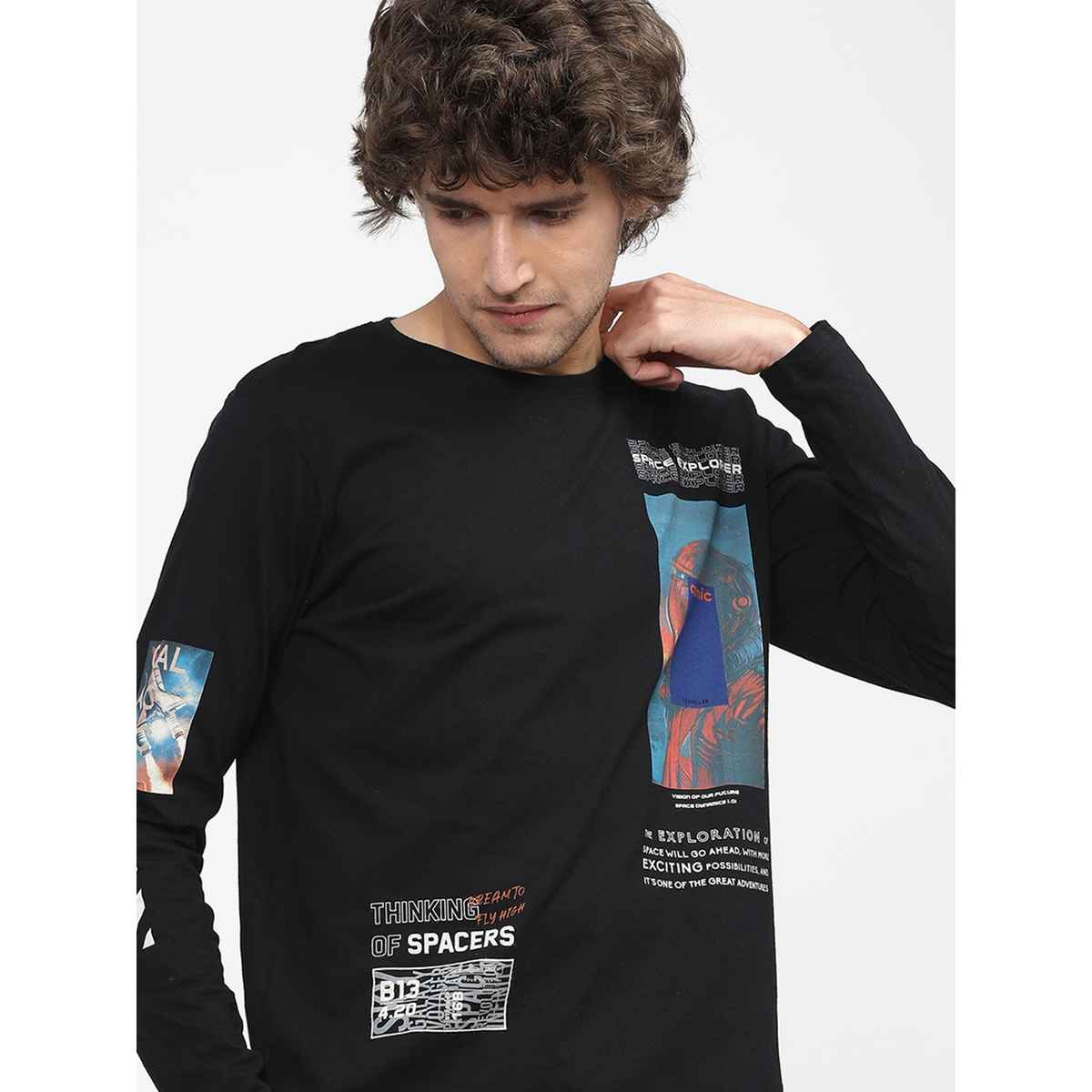 Locomotive Men's Round Neck Long Sleeve Slim Fit Printed T-shirt | Black - M