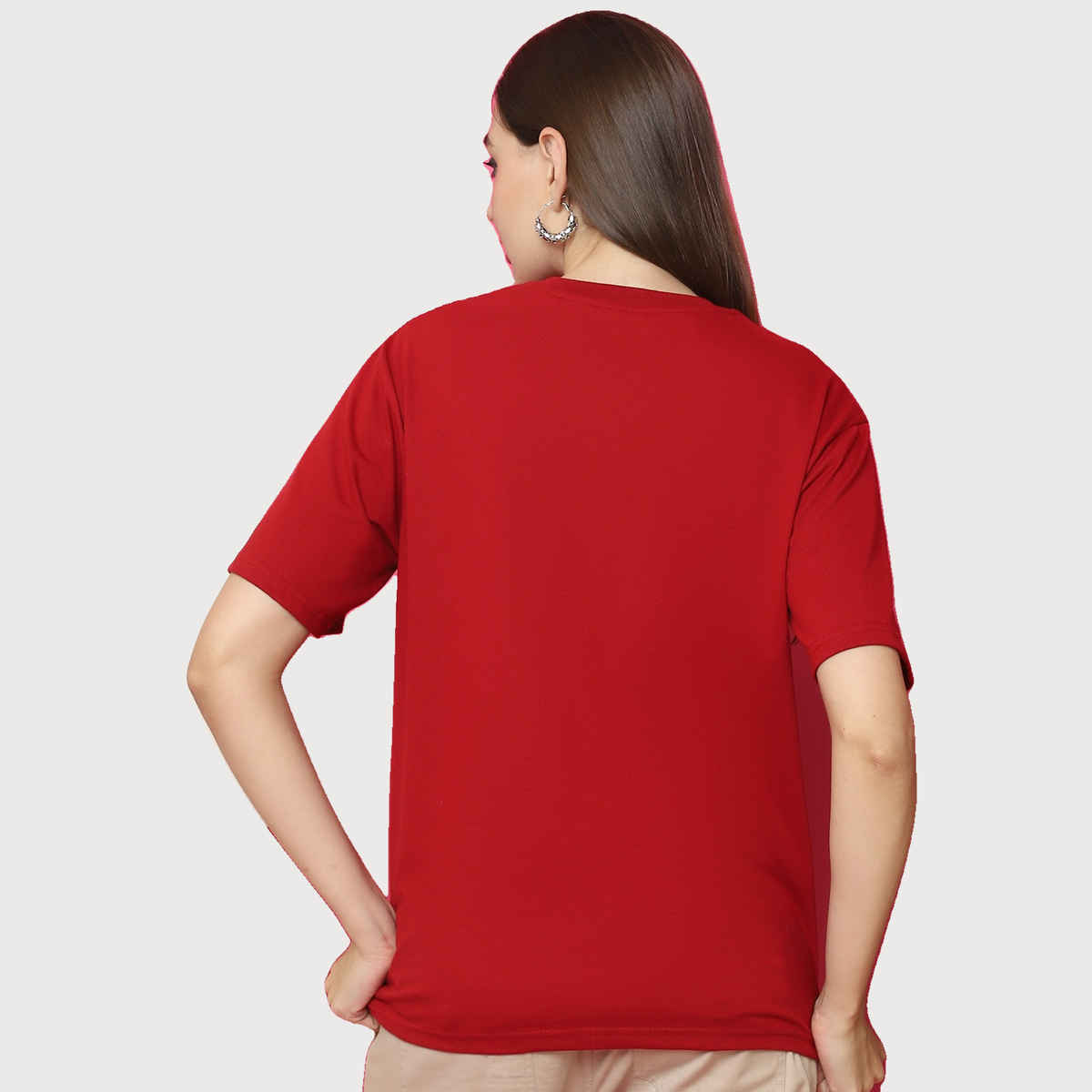 Fabflee Women Oversize Cotton Printed Round Neck Tshirt | Red | FAB-OS-528 | S