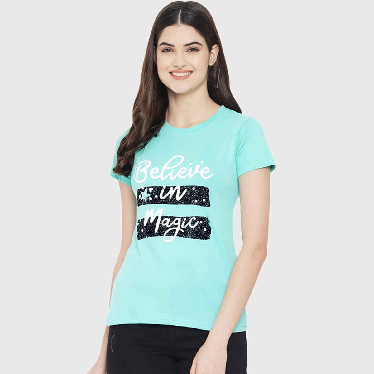 Fabflee Women Regular Cotton Printed Round Neck Tshirt | Sky Blue | FAB-WT-26 | M