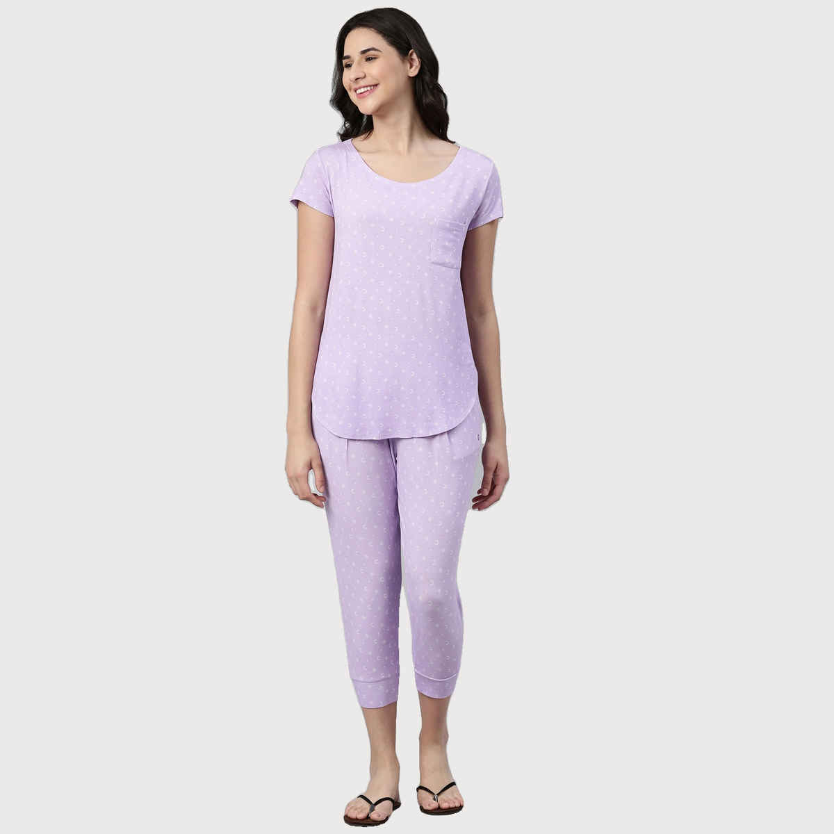 Enamor Essentials EC16 Women s Aop-Soft & Drapey All Over Printed Lounge Capri Set | Lavendar | L