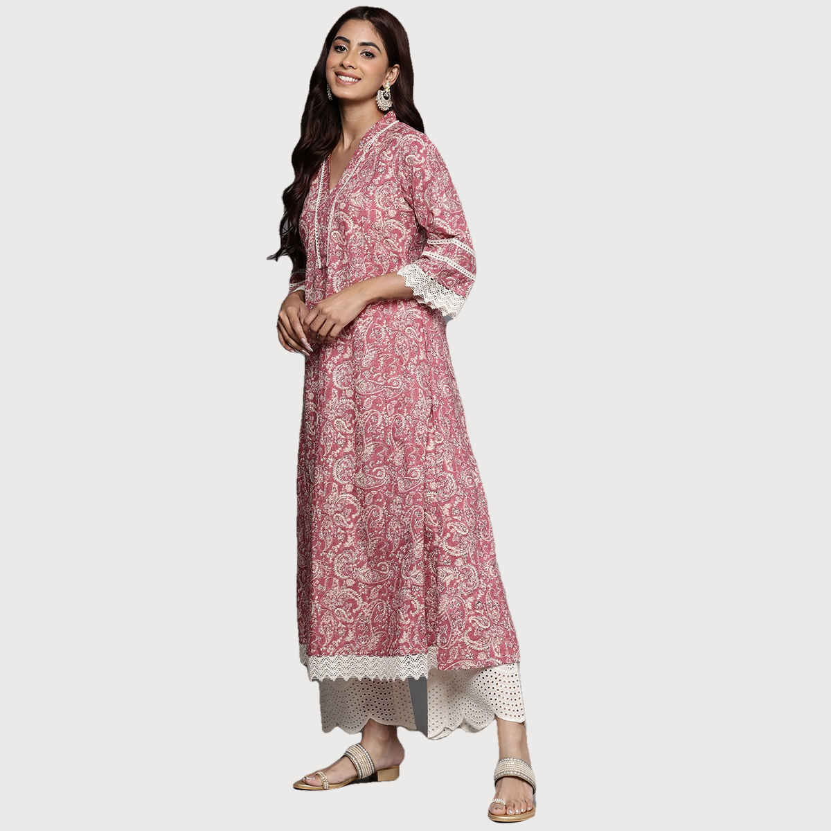 Varanga Women's Paisley Printed Lace Embellished A - Line Kurta | VKUR1911 | Peach - L
