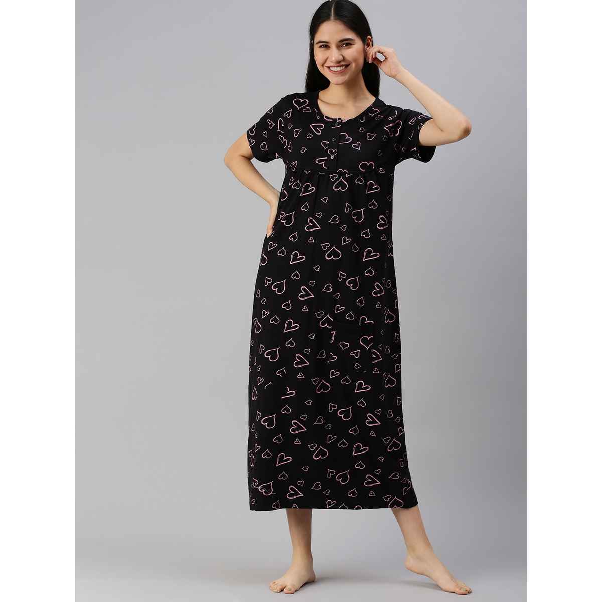 Kryptic Women Printed Pure Cotton Maxi Nightdress | Black - XL