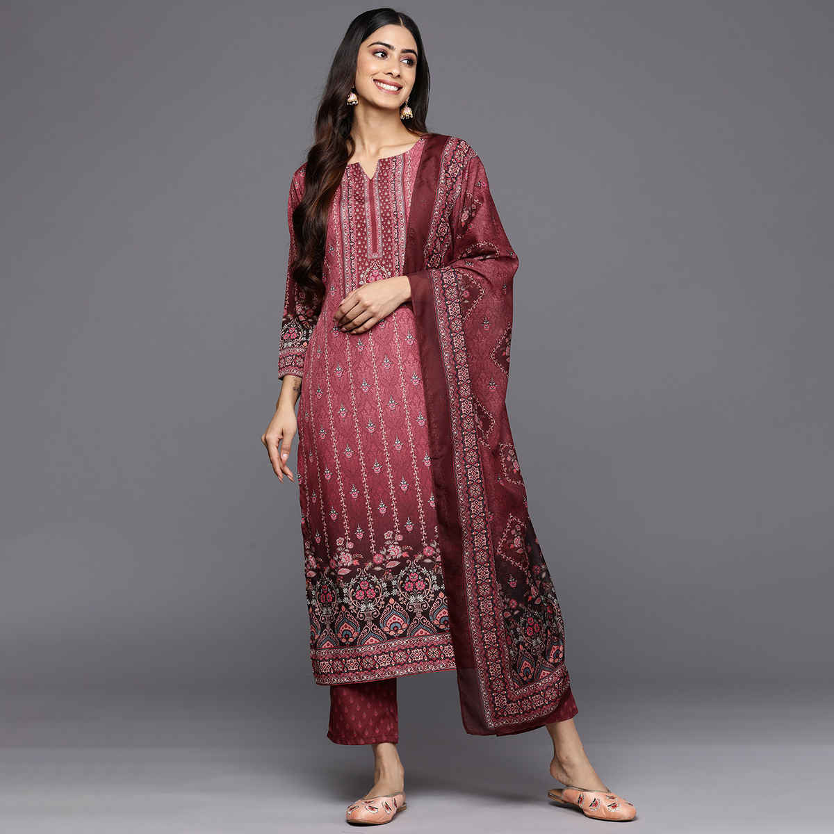 Libas Printed Crepe Straight Kurta With Trousers & Dupatta | 34215R | Maroon - L