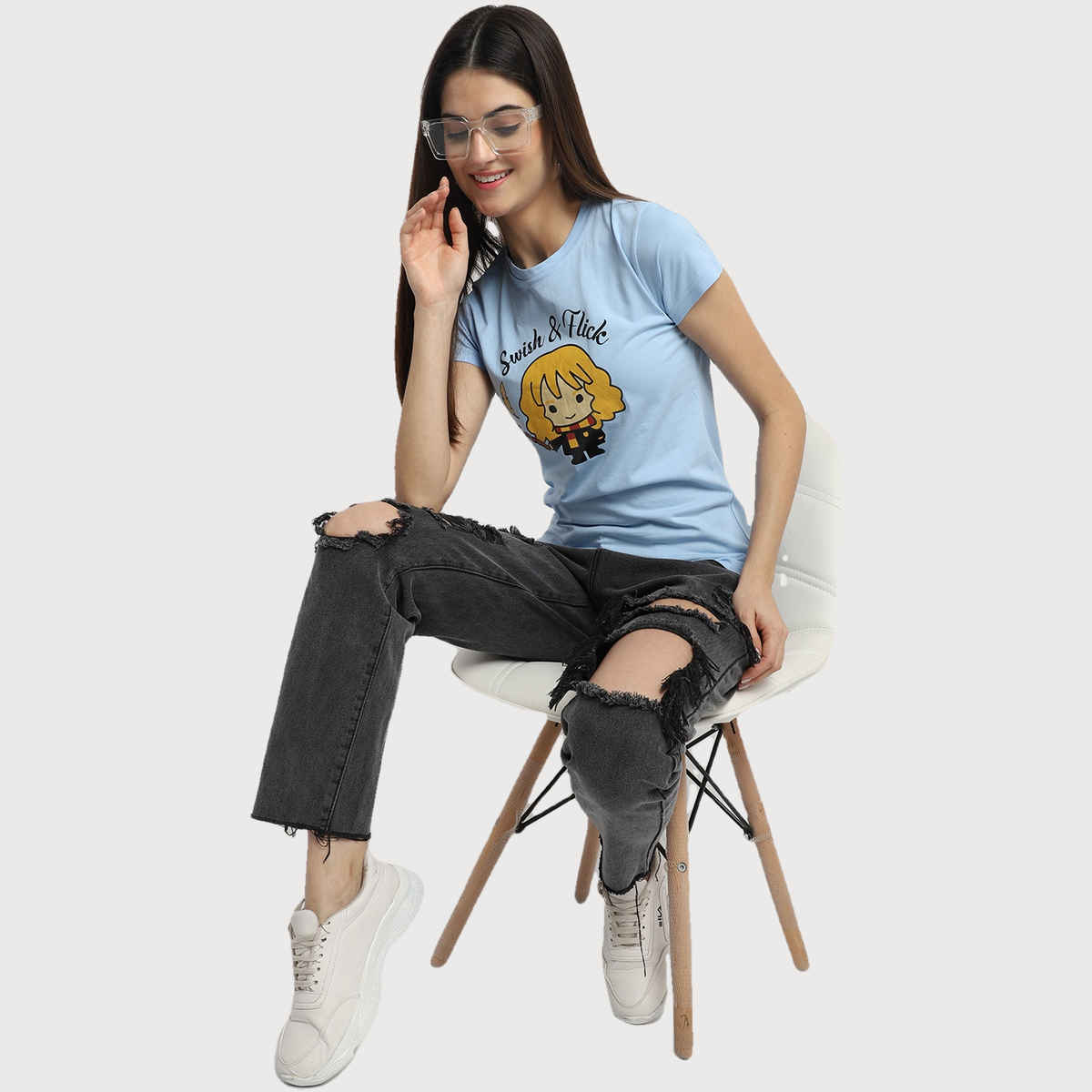 Fabflee Women Regular Cotton Printed Round Neck Tshirt | Aqua Blue | FAB-WT-41 | M