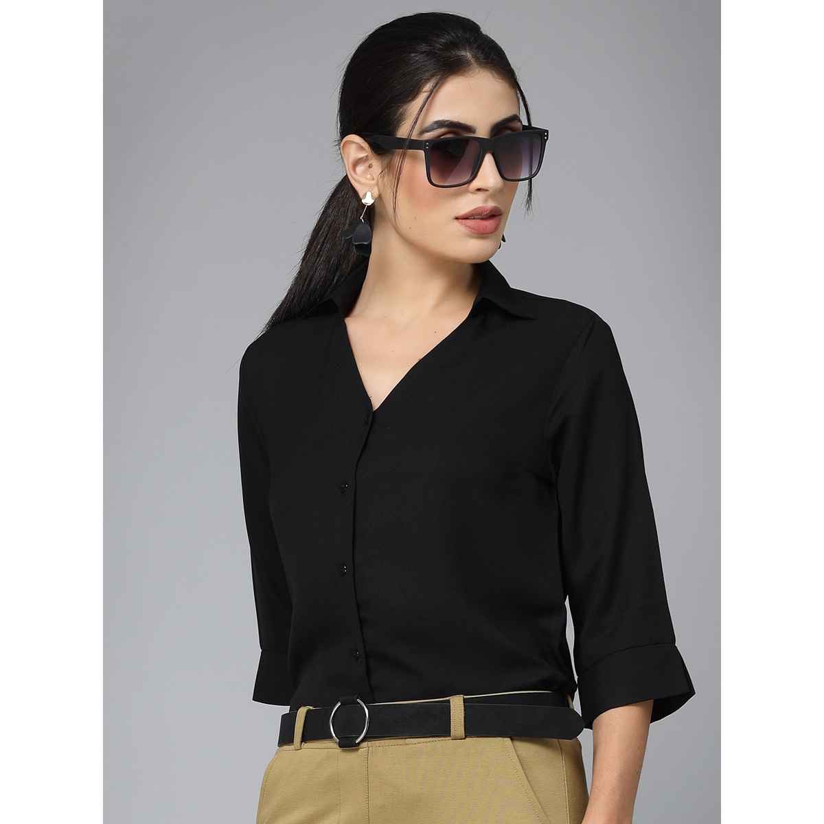 Style Quotient Women Nude Solid Polymoss Regular Casual Shirt | L | SS23SQARTI - Black
