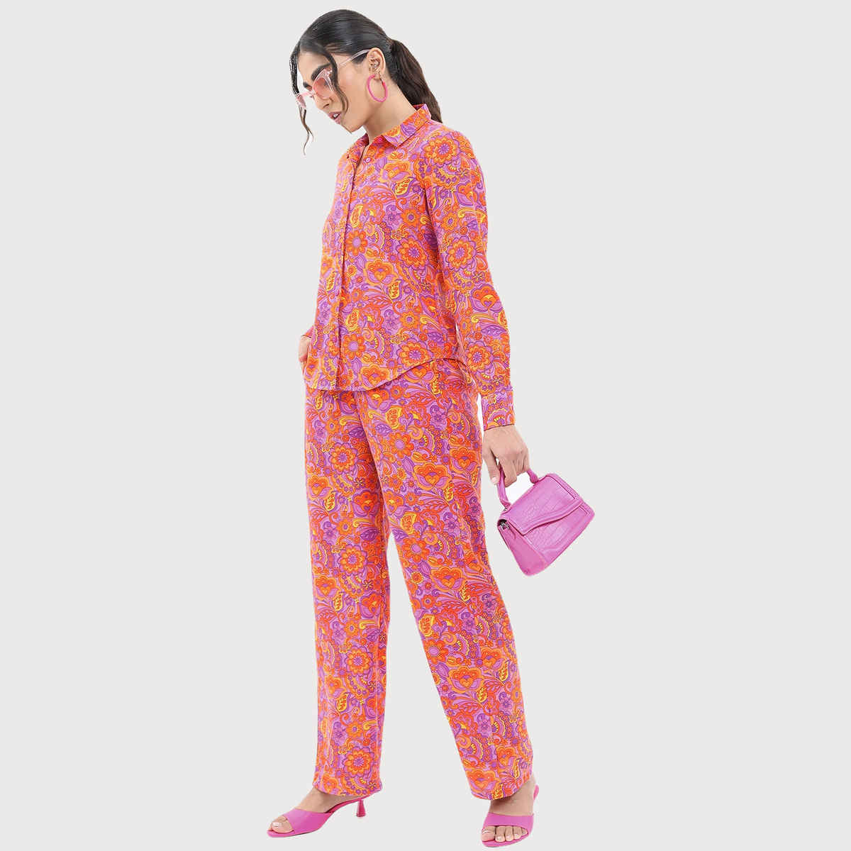 Ketch Women Floral Printed Shirt With Trousers Co-ords | Purple | L