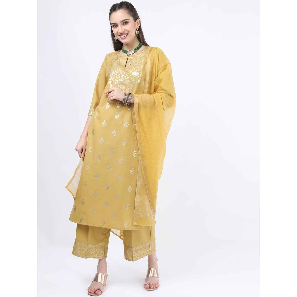 Ketch Women's Yellow Printed Kurta With Palazzos Dupatta | L