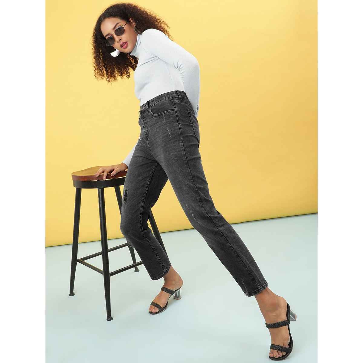 Freehand Women's Distressed Straight Fit Jeans | Grey - 34