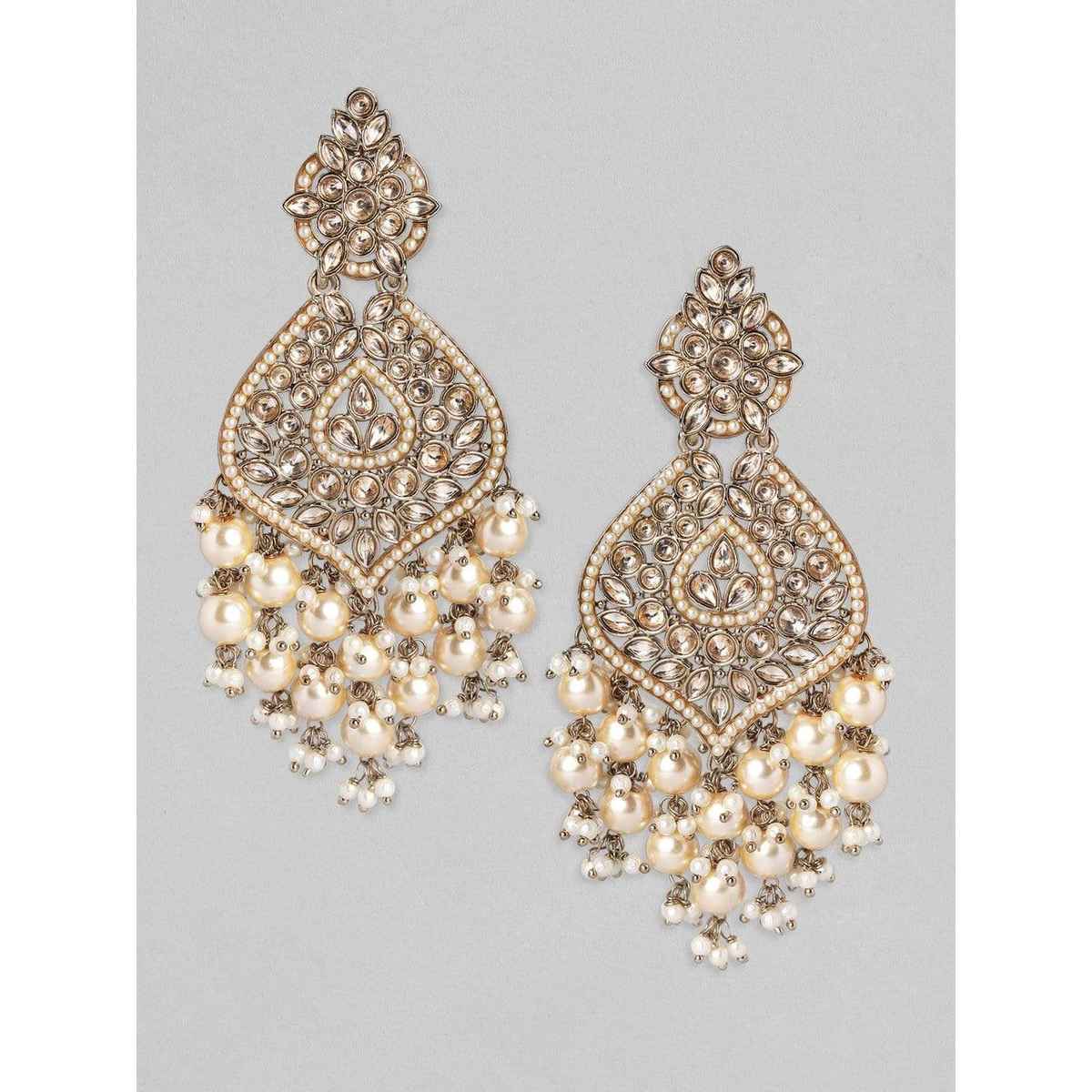 Rubans 18K Gold-Plated Kundan and Glosssy Off-White Pearl Beaded Chandelier Earrings