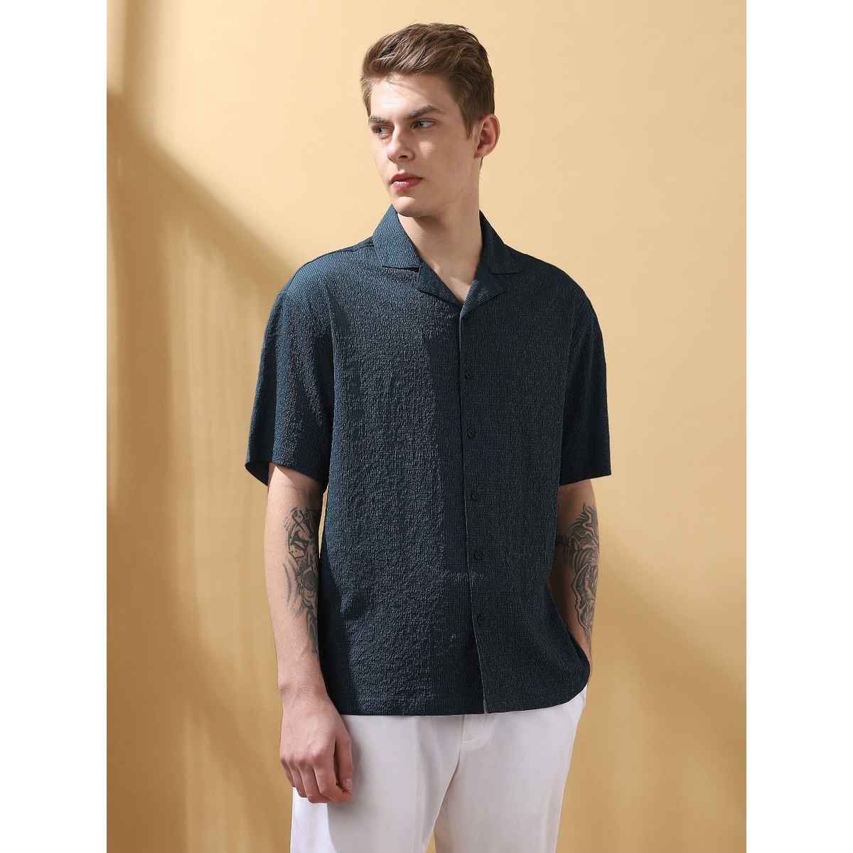 Dennis Lingo Men's Relaxed Fit Cuban Collar Textured Casual Shirt | DLMSHS25208 BL-XXL | Blue - XXL