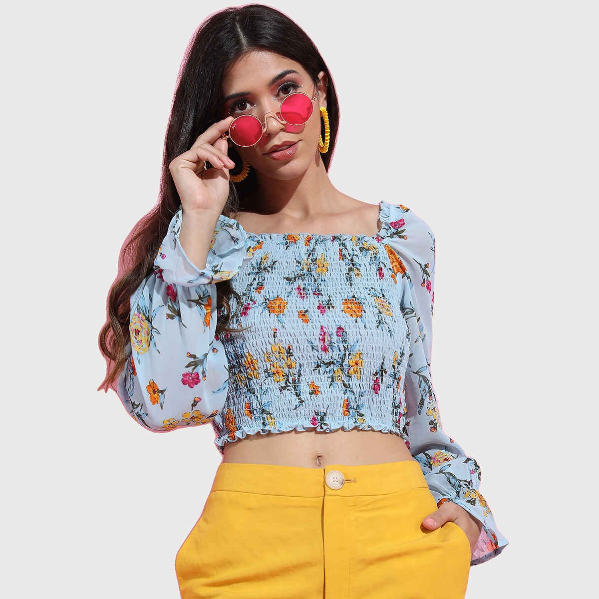Tokyo Talkies Women's Floral Print Top | Light Blue - L