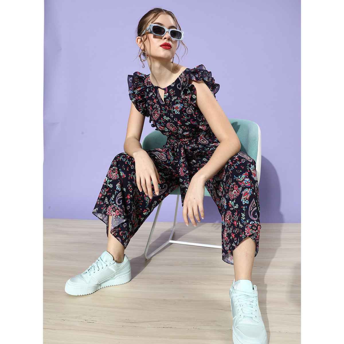 Miss Chase Women Multicolored-Base-Round Neck Sleeveless Floral Wide Leg Jumpsuit | Navy Blue | S