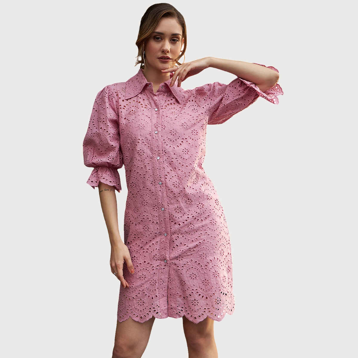 Athena Women's Self Design Schiffli Cotton Shirt Dress Pink - XL