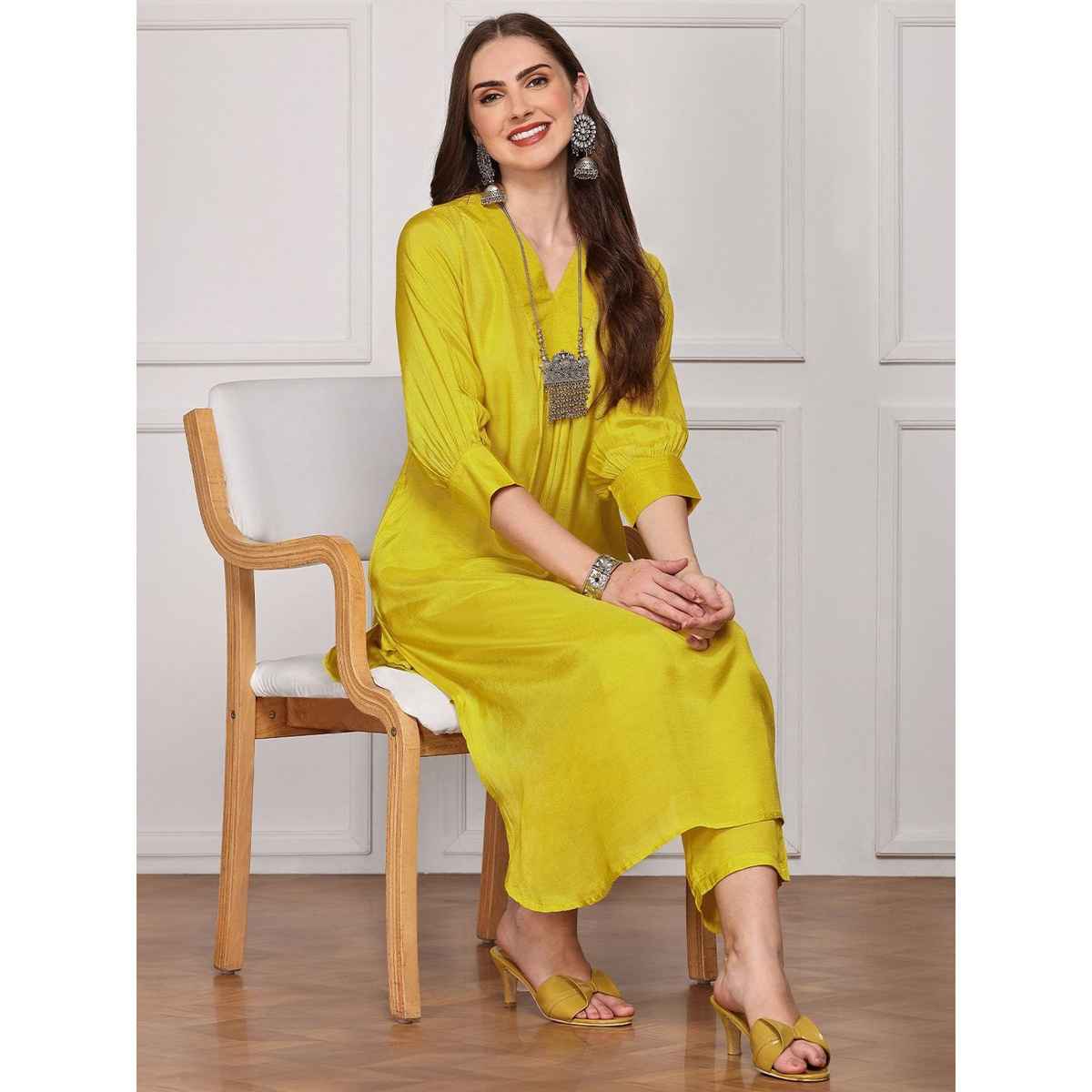 Ishin Women's Kurta Set Viscose Shantoon with Bottom | Yellow - XL