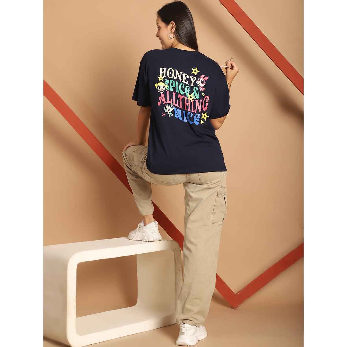 Fabflee Women Oversize Cotton Printed Round Neck Tshirt | Dark Blue | FAB-OS-506 | XL