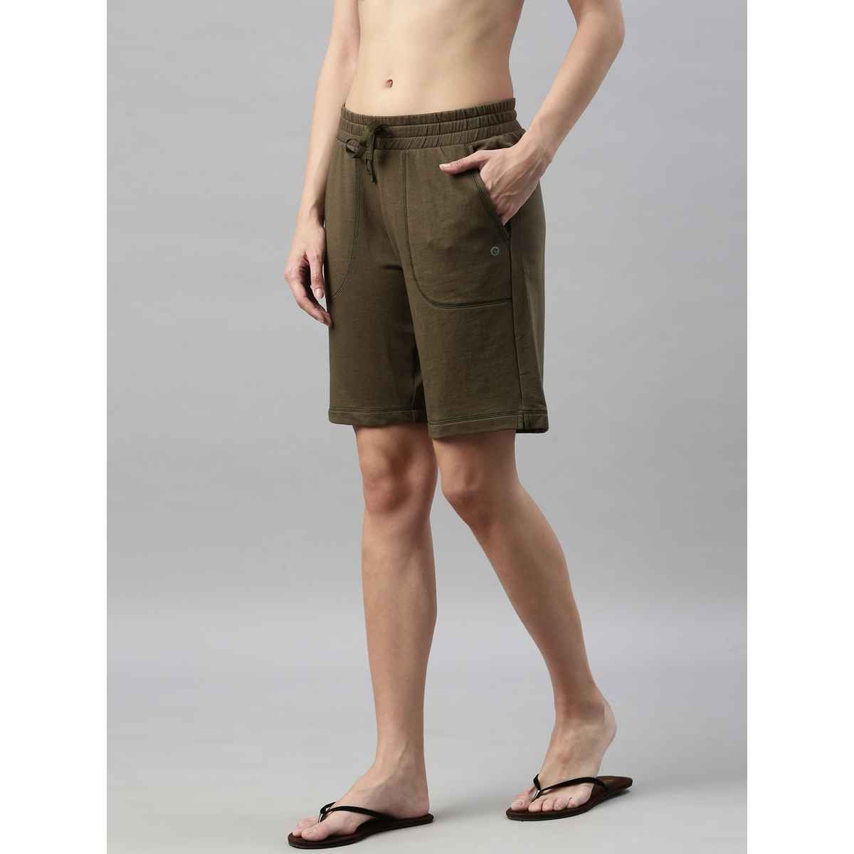 Enamor Essentials E080 Women s Knee Length Shorts | Adjustable Waistband & Pockets | Green | L
