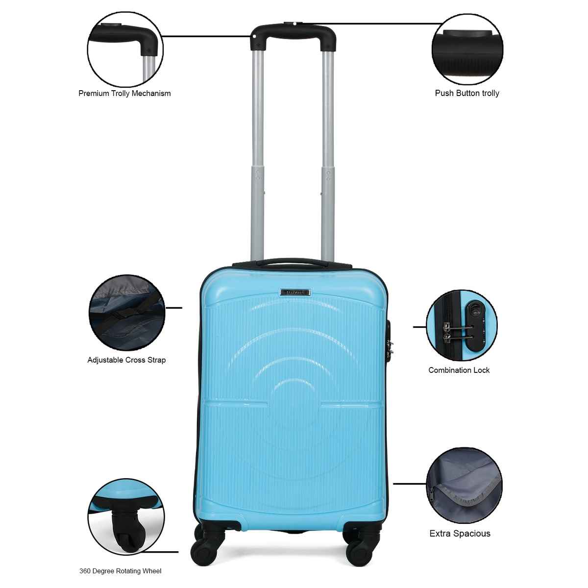 Teakwood Textured PP 32.2 L Retractable Hard Luggage | Astra Cyan - 55 cm