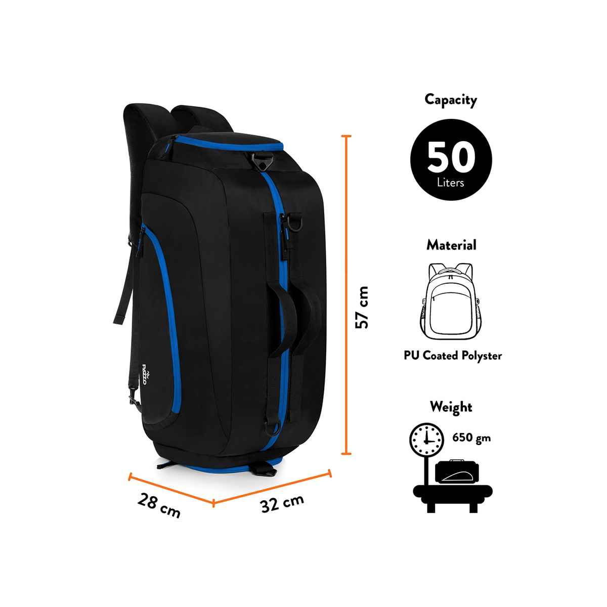 Pazzo Jake 50L Duffel Bag | 3-in-1 Gym | Travel & Backpack | Convertible with Spacious Storage