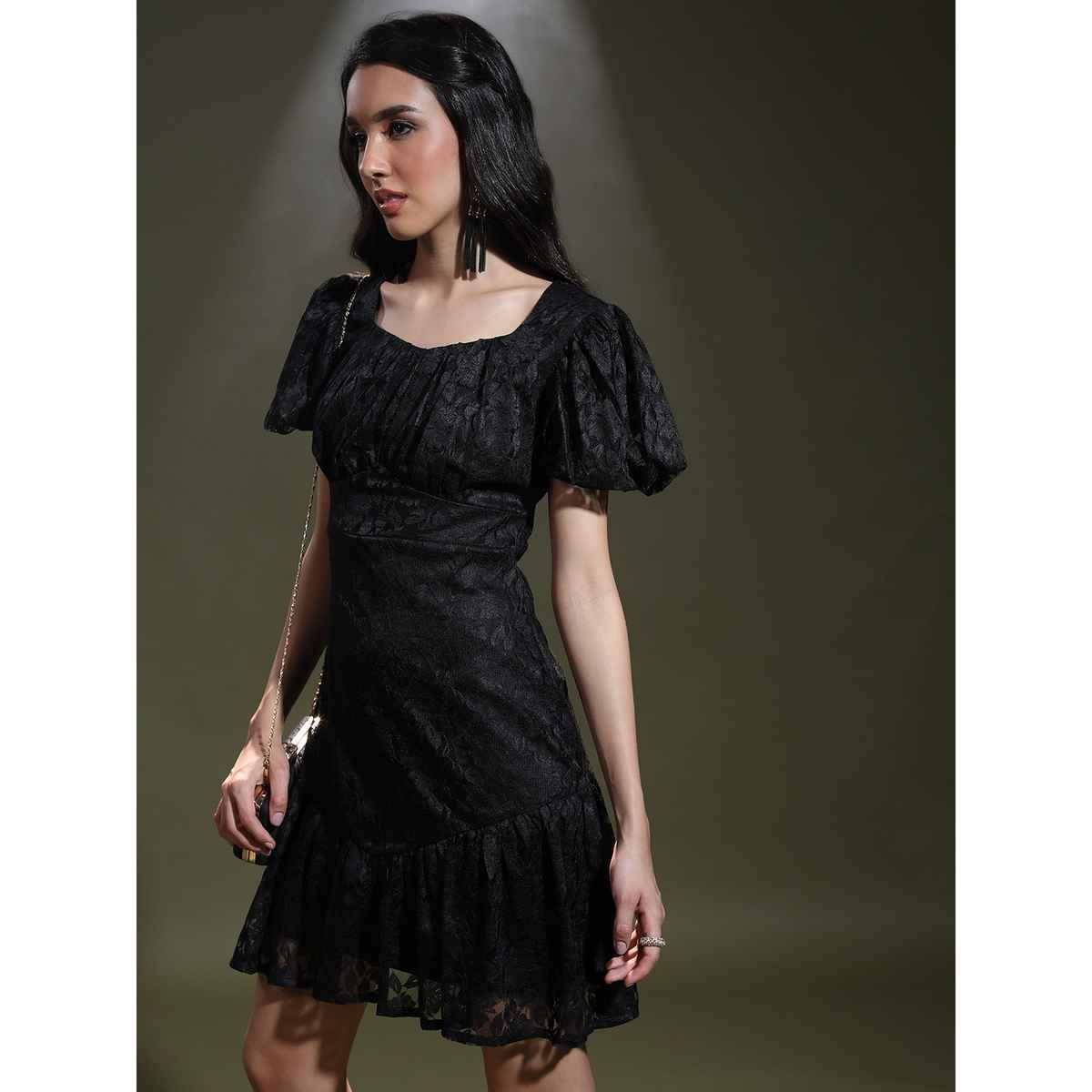 Ketch Women's Cap Sleeves Square Neck Sheath Dress | Black - L