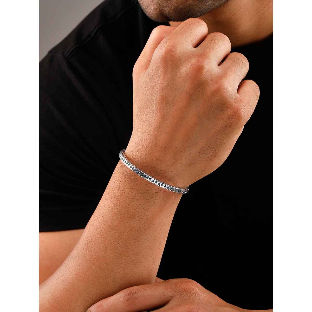 Rubans Men Silver & Black Oxidized Handcrafted Kada Bracelet