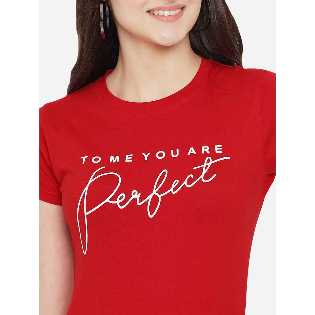Fabflee Women Regular Cotton Printed Round Neck Tshirt | Red | FAB-WT-01 | L