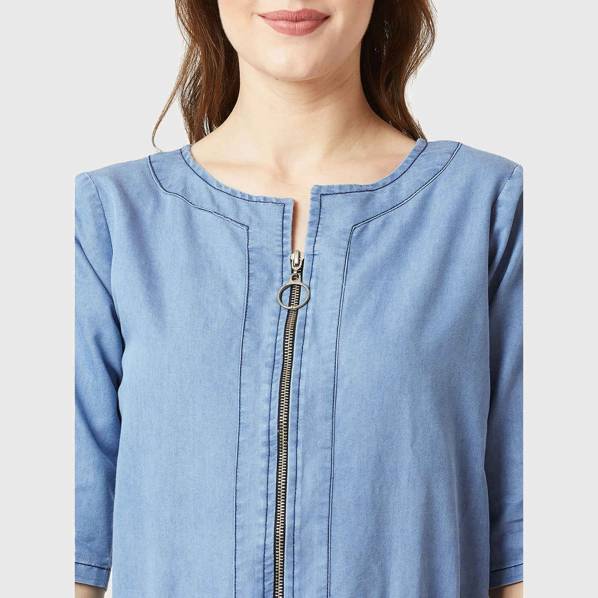 Miss Chase Women Polo Neck 3/4 Sleeve Denim Solid Midi Shift Dress | Light Blue | S