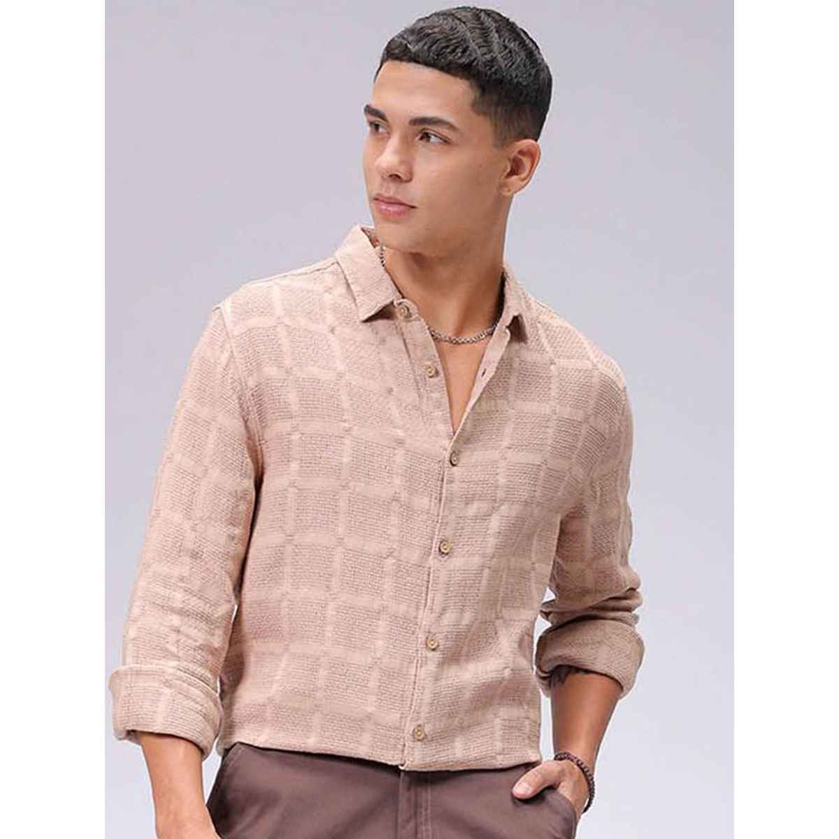 The Indian Garage Co Men's Regular Fit Solid Resort Shirt | Brown - XL