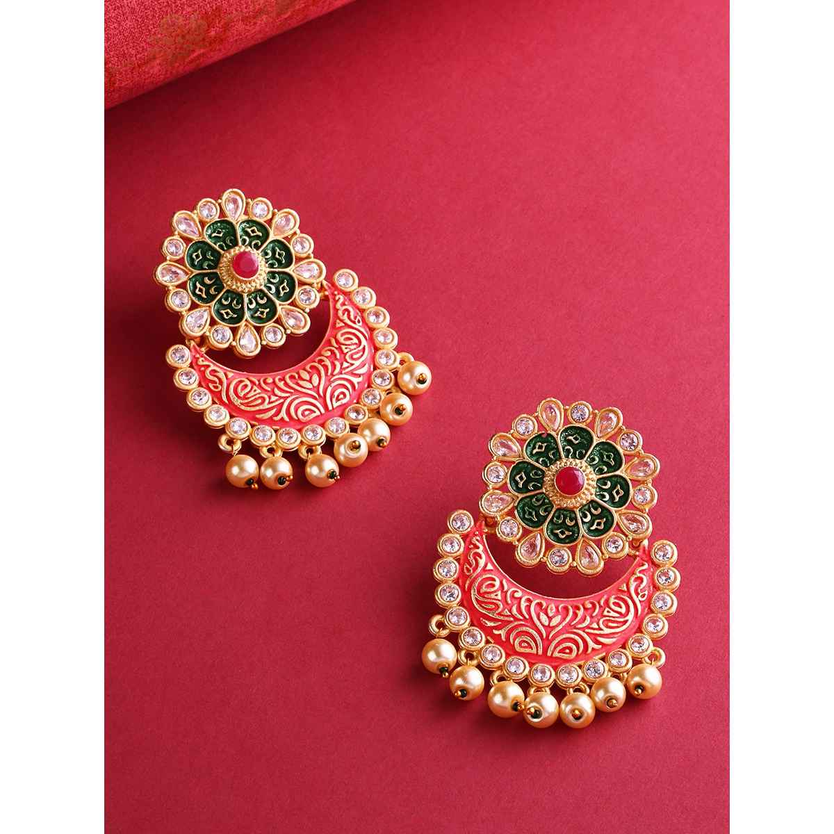 Priyaasi Gold-Plated Stones Studded Floral Patterned Drop Earrings | Red And Green Color