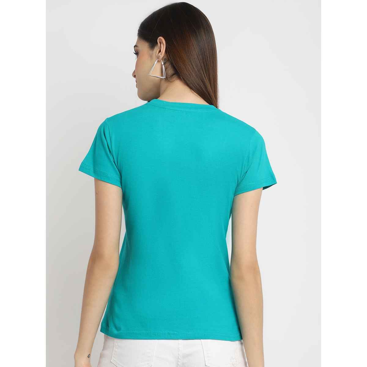 Fabflee Women Regular Cotton Printed Round Neck Tshirt | Aqua Blue | FAB-WT-39 | M