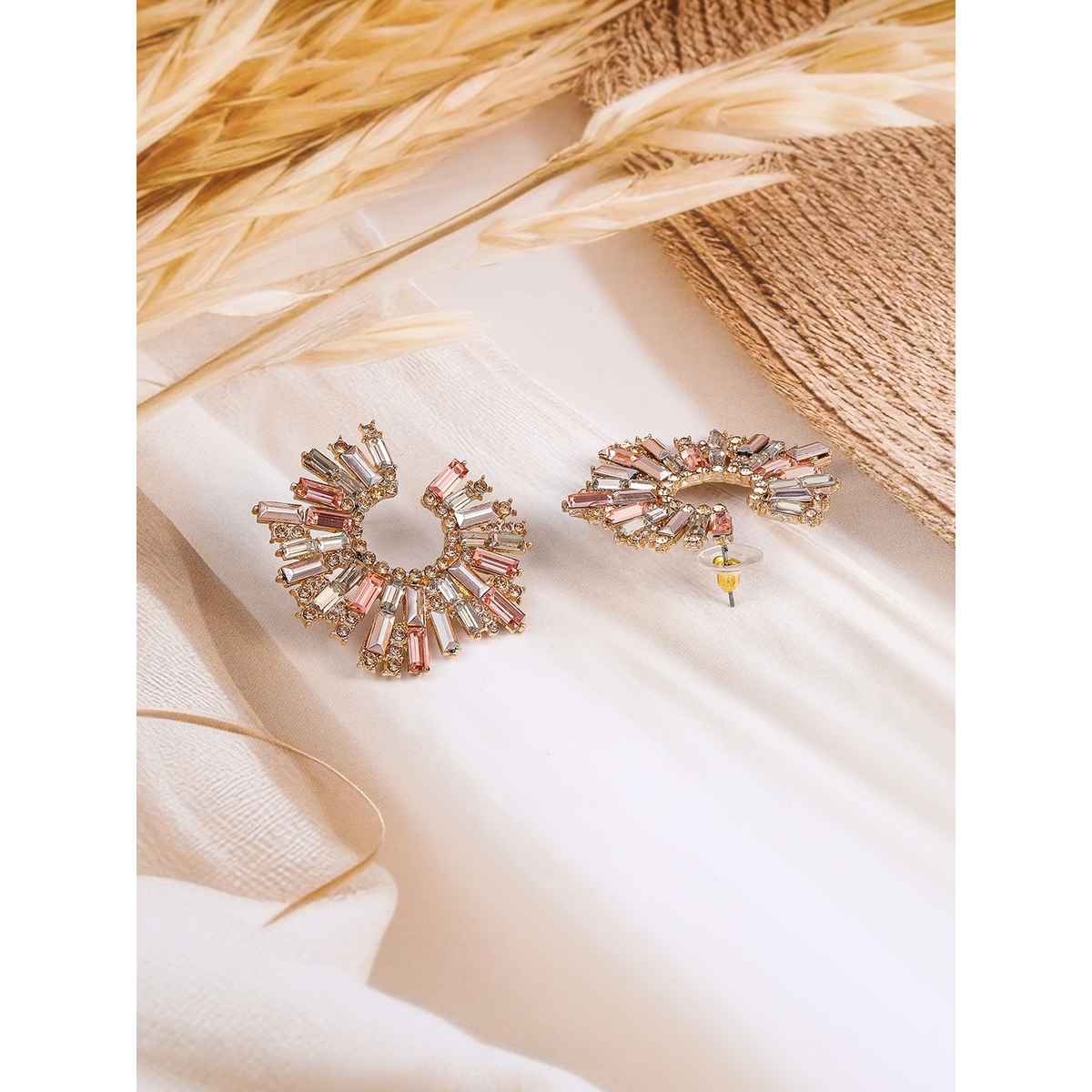 Rubans 18K Gold-Plated Multi-Stone Studded Radiant Fan-Shaped Statet Stud Earrings