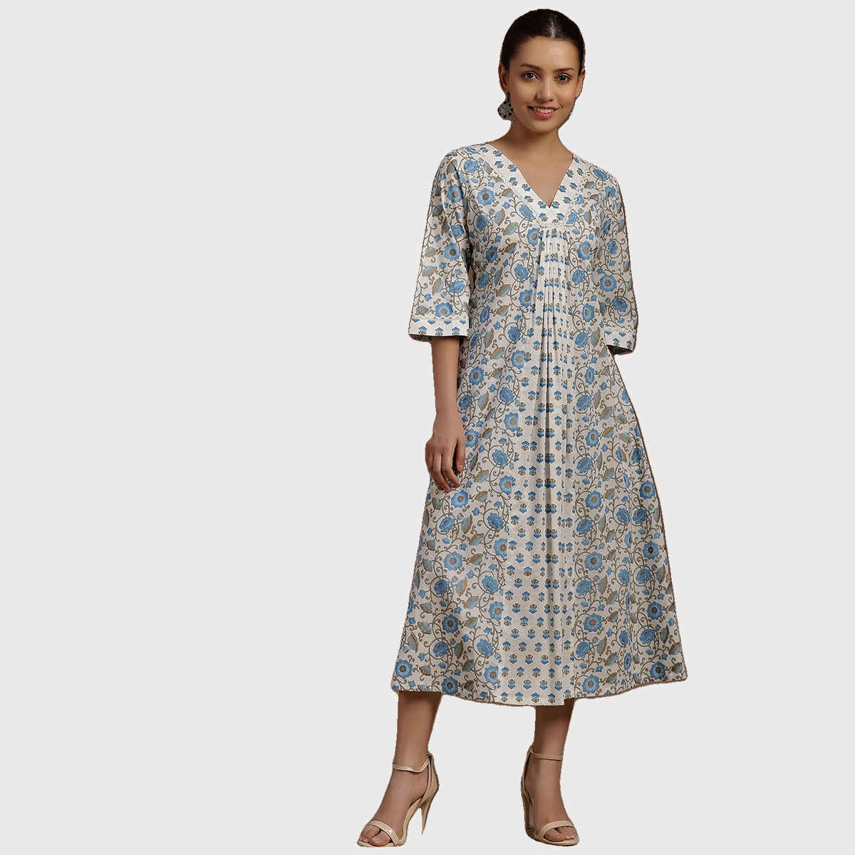 Libas Women's Blue Printed Cotton A-Line Dress | XL