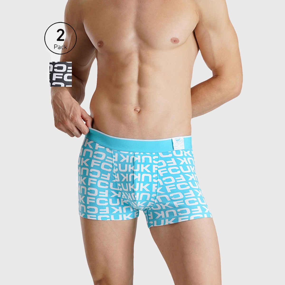 Fcuk Flex Newbold | Men s Printed Trunks Pack of 2 | Black Aop | Aqua | XL