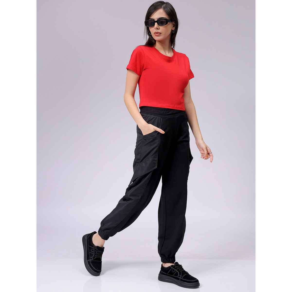 Freehand Women's Slim Solid Casual Cropped T-Shirt | Red - S
